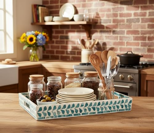 PEMAR Rectangular Mother of Pearl Serving Tray Nacre Wood Lap Ottoman Tray for Coffee Table, Luxury Decorative Handmade Eating Platters w Insert Handles (Teal Floral Pattern) - Image 6