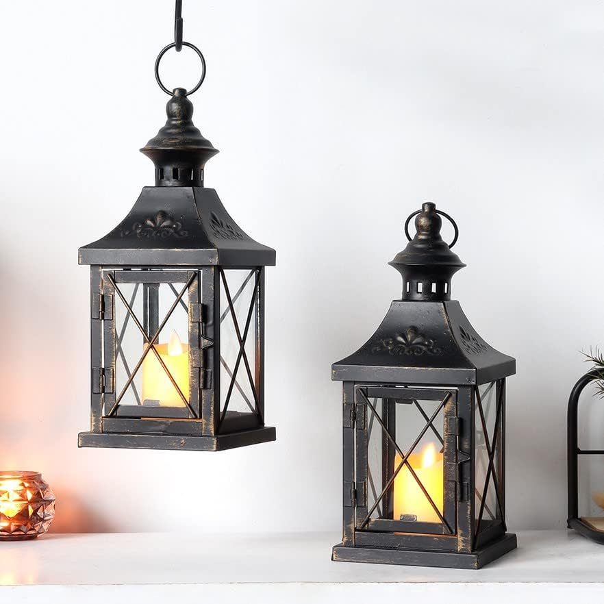 TRIROCKS Set of 2 Decorative Candle Lantern 11'' High Metal Candle Holder Hanging Lantern Perfect for Home Decor Halloween Living Room Parties Events Tabletop Indoors Outdoors (Black with Gold Brush) - Image 5