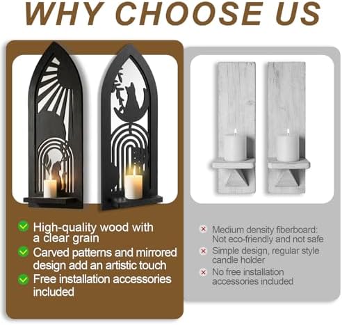 ZEXUIRU 2 Set Rustic Candle Sconces Living Room Bedroom Entryway Wood Mirrored, Farmhouse, Carved Frame Wall-Mount Wooden Candle Holders Wall Decor Hanging Handmade Holder - Black - Image 5