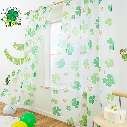 St. Patrick's Day Sheer Curtains for Living Room, Shamrock Clover Sheer Curtain, Rod Pocket Window Drapes Decorations for Bedroom and Home Decor, 2 Panels Green 52W x 84L - Image 5