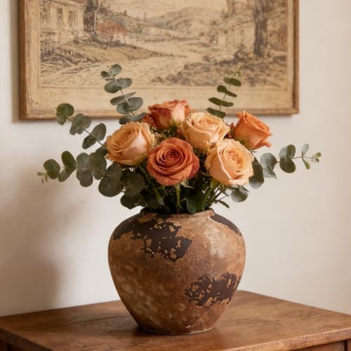 Rustic Ceramic Vase, 6.9 Inch Wabi Sabi Decorative Pottery Flower Vase, Vintage Neutral Vase for Centerpieces, Living Room, Shelf, Entryway, Wedding, Table Decoration - Image 2
