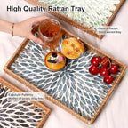Rectangle Rattan Tray with Mother of Pearl Inlay, Rattan Serving Tray with Handle for Coffee, Bread, Fruits, Snacks, Decorative Wicker Tray for Table Decor (Rectangle Light Blue Leaf, 13"×9") - Image 3