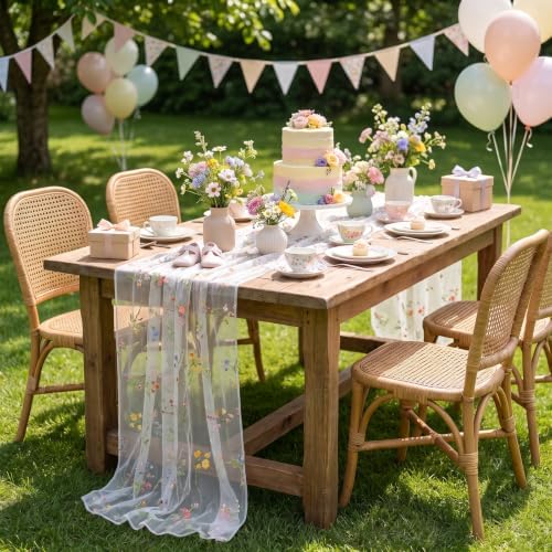 QueenDream 10FT Wildflower Floral Table Runner with Embroidery White Gauze Vintage Flower Runner for Baby Shower Garden Party Decorations 3 Packs - Image 7