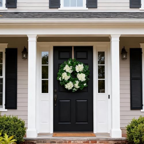 22" Hydrangea Wreath for Front Door – All-Season Wedding Décor with Lamb’s Ear Leaves & Hydrangea Blooms – Spring/Summer Farmhouse Style, Perfect Year-Round Decoration (White Hydrangea, Large) - Image 2