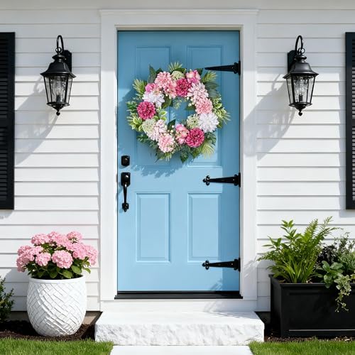 24-Inch Spring Wreath for Front Door with Hydrangeas Dahlias Daisy Silk Flowers and Berry Greenery for All Seasons Indoor Outdoor Wedding Farmhouse Porch Wall Living Room Home Wedding Decor - Image 6