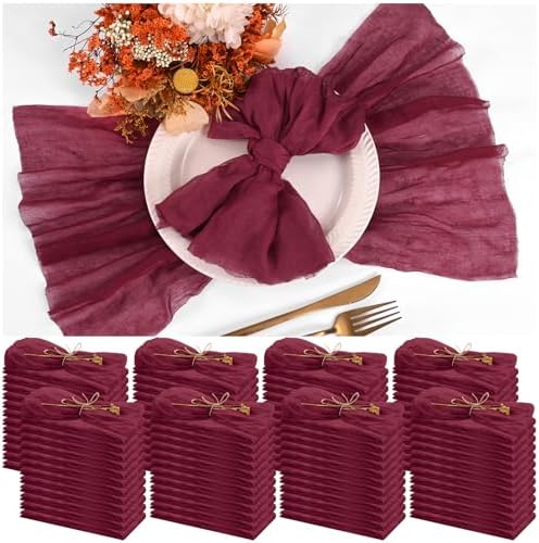 100 Pieces Cloth Napkins Burgundy Dinner Cheesecloth Napkins for Wedding,Wrinkled Cloth Napkins Bulk for Home Party Rustic Table Decoration, 17 x 17 Inch by Teruntrue