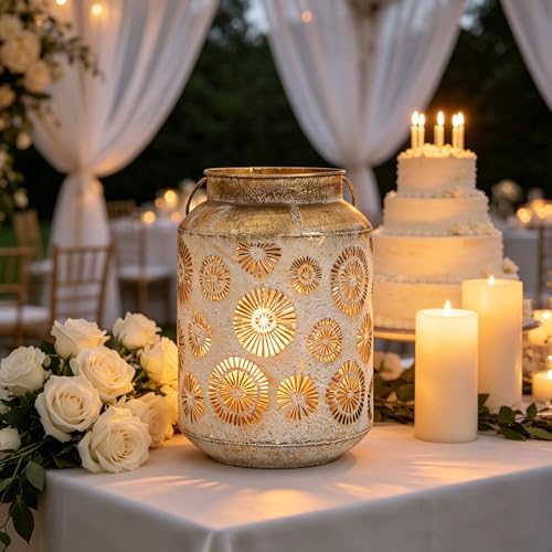 Rustic Metal Hanging Lantern, 8.66" H Vintage Distressed Gold Firework Cutout Decorative Lantern for Indoor Outdoor Use, Tabletop Patio Wedding Centerpiece, Fits Pillar & LED Candles - Image 2
