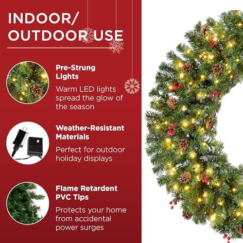 Best Choice Products 36in Pre-Lit Christmas Wreath w/Berries & Pinecones, Large Artificial Indoor/Outdoor Decor for Door, Mantel, Plug-in - Image 4