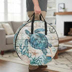 Ocean Turtle Round Storage Bag 24 Inch, Retro Coral Starfish Anchor Coastal Wood Clothes Storage Container with Handles Heavy Duty Organizer for Comforter, Bedding & Holiday Wreaths - Image 2