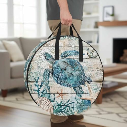 Ocean Turtle Round Storage Bag 24 Inch, Retro Coral Starfish Anchor Coastal Wood Clothes Storage Container with Handles Heavy Duty Organizer for Comforter, Bedding & Holiday Wreaths - Image 2