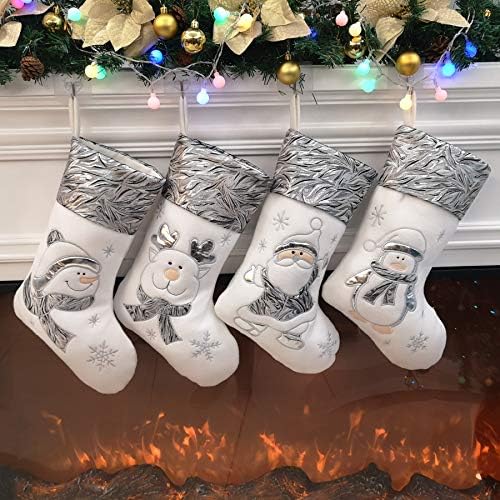 BSTAOFY Christmas Stockings Set of 4 Soft Non-Woven Patterned Santa Claus Animals Socks for Assorted Xmas Tree Hanging Decor Party Ornaments Gifts Kids, Silver by Bstaofy