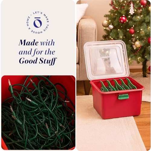 HOMZ Holiday Christmas Light Storage Bin, Plastic Container Boxes w/Cord Organizers, Red/Green - Large Stackable Organizing Containers for Seasonal Ornament and Decorations - Image 5