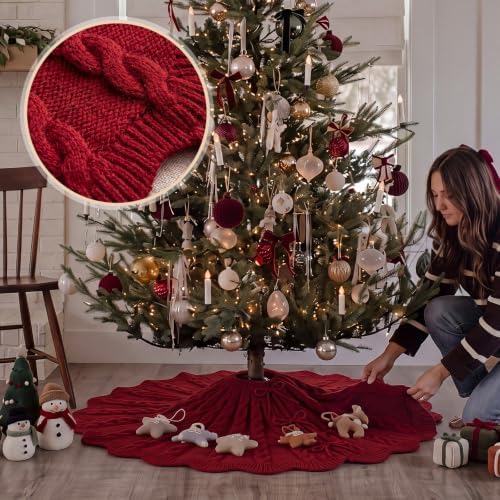 Thenshop 60 Inch Chunky Cable Knit Christmas Tree Skirt, Burgundy - Image 2