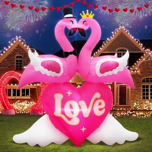 6.6FT Valentines Day Inflatables Pink Flamingos Couple with Love and Heart Decoration, Valentines Blow up Yard Decoration Flamingo Inflatable Built-in 5 LED for Anniversary Valentine Day Wedding Decor by PARAYOYO