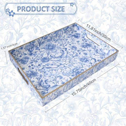 Serving Tray with Handles, Rectangular Plastic Tray 15.75x11.81 Inch, Blue and White Peony Chinese Porcelain Style Decorative Tray for Kitchen, Dining Table, Vanity, Office & Home - Image 4
