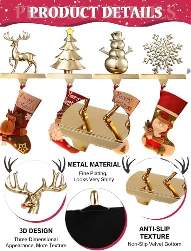 Set of 4 Antique Gold Christmas Stocking Holders for Mantel, Christmas Stocking Hanger Set-Snowflake Snowman Reindeer Tree Stocking Holder for Mantle- Metal Fireplace Hooks for Xmas Decor - Image 3