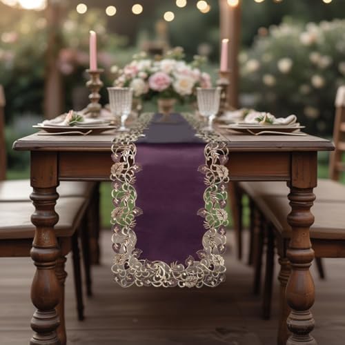 DECOZEN Gold Lace Plum Christmas Table Runner – Embroidered Dining & Dresser Decor Scarf for Holiday Tables, Weddings & Parties – 14 x 108 in Elegant European Falling Tarantino Collection - Image 4