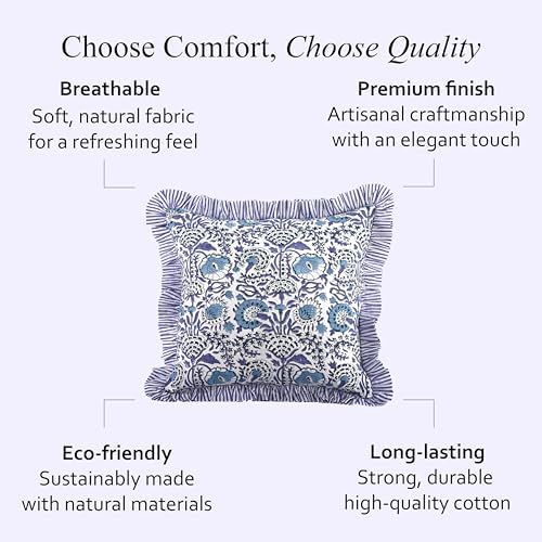 CPC Indigo Blue 100% Cotton Block Print Ruffle Pillow Cover 16X16 inch, Handmade Boho Floral Pillowcase, Farmhouse Cottagecore Bedding, Soft Decorative Cushion Cover for Bedroom Décor - Image 6