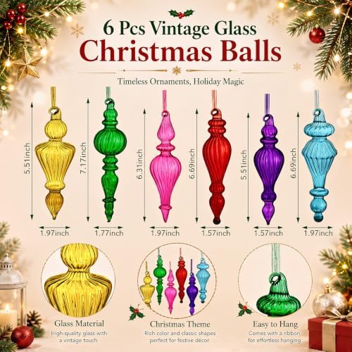Sotiff 6 Pcs Vintage Glass Christmas Ornaments, Multicolor Mercury Finial - Image 4