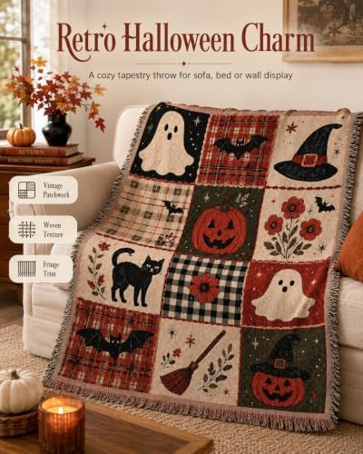 Halloween Tapestry Throw Blanket, Vintage Patchwork Woven Fringe Wall Decor - Image 2