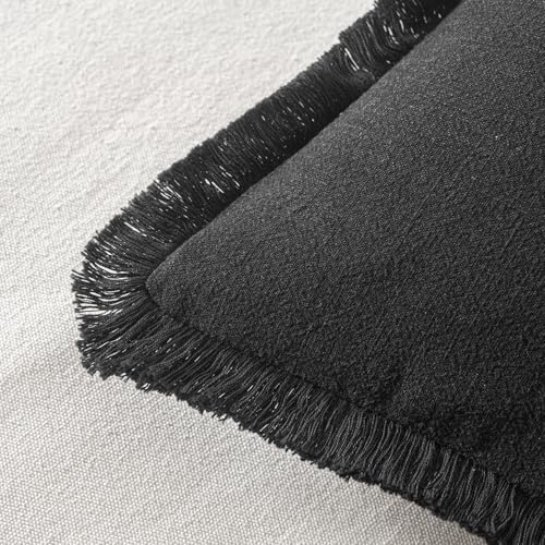 MIULEE Boho Linen Fringe Decorative Euro Throw Pillow Covers Black 22x22 - Image 3