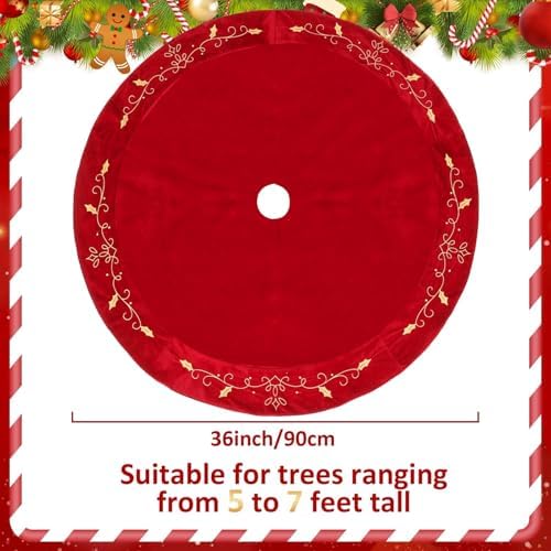 QOUBAI 36inch Christmas Tree Skirt Red Luxury Velvet Plush Fur Skirts with Gold Embroidery Xmas Velvet Tree Skirt Holly Leaves Gold Embroidered Tree Skirt for Christmas Holiday Party Decorations - Image 2