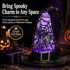 Halloween Witch Hat Snow Globe Lantern with Purple Light & Swirling Glitter, 9.5 Inch Lighted Halloween Tabletop Decor with Spider Web & Hanging Spider, Battery Operated for Mantel Shelf Party - Image 2