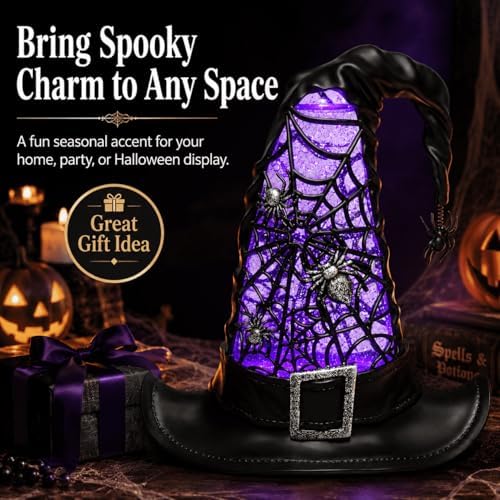 Halloween Witch Hat Snow Globe Lantern with Purple Light & Swirling Glitter, 9.5 Inch Lighted Halloween Tabletop Decor with Spider Web & Hanging Spider, Battery Operated for Mantel Shelf Party - Image 2