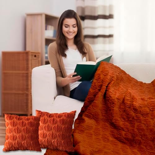 Blanket & Throw Pillow Covers Set - Rust Red Fall Halloween Pumpkin Decor - Image 7