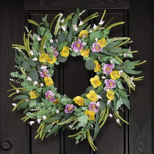 26 Inches Large Fall Wreaths for Front Door Decor, Olive Eucalyptus Leaf Silk Poppy Paper Flower Wildflower Wreath, Floral Easter Wreath Indoor Outdoor Wreaths Porch Farmhouse Home Decor by Zmtyykh
