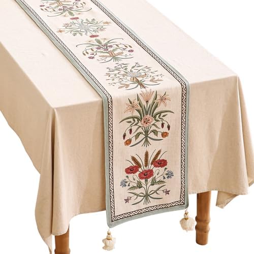 ISAENNE Designer Vintage Linen Long Table Runner,102"x12"-Serenity F by Isaennehomedecoration