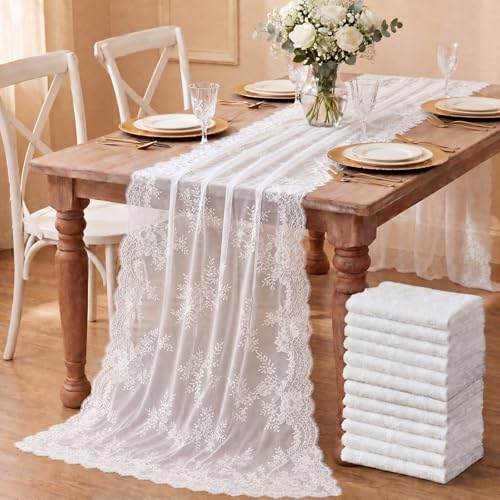 Remagr 12 Pcs White Lace Table Runners 30" x 120" Floral Wedding Decor by Remagr
