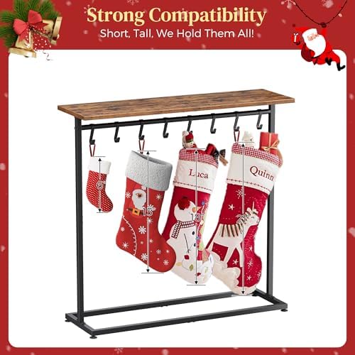 LAND·VOI 2-in-1 Woodtop Christmas Stocking Holder, Free Standing Display Shelf for Gifts & Treats, Stocking Stand with 8 Removable Hooks, Stable Base & Adjustable Feet, Black and Rustic - Image 3