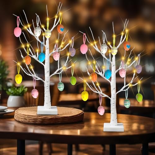 2 Pack Easter Decorations 24 Inch Artificial Lighted Easters Egg Tree, Pre-lit White Birch Tree with 12 Hanging Egg Ornaments for Party Birthday Home Spring Decoration - Image 2