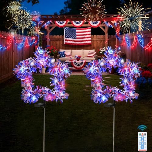 2 Pack July 4th American Flag Solar American Flag Lights July 4th Solar Patriotic Flag Lights, 8 Modes Garden Pile Lights 50 LED Garden Landscape Lights Street Lights (Red White & Blue) by Unknown
