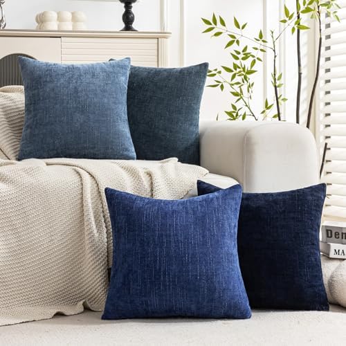 Set of 4 Soft Textured Decorative Throw Pillow Covers 18x18 Inch Cozy Farmhouse Cushion Cover Square Accent Pillow Cases for Bed Couch Sofa Living Room, Blue Series - Image 2
