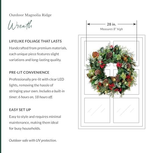 Balsam Hill Outdoor Magnolia Ridge 28" Christmas Wreath - Holiday Elegance Front Door Wreath with Magnolia Leaves, Succulents & Battery-Operated LED Clear Lights - Image 3