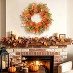 24 Inch Orange Fall Wreath, Woven Pumpkin Artificial Autumn Wreath with Maple Leaves, Eucalyptus, Berries and Grapevine Base for Front Door, Thanksgiving, Farmhouse Decor - Image 4