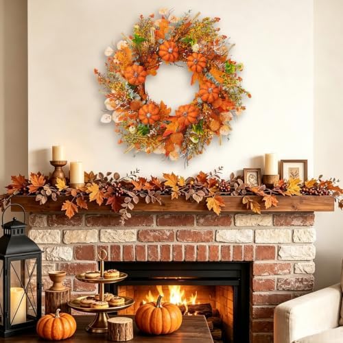 24 Inch Orange Fall Wreath, Woven Pumpkin Artificial Autumn Wreath with Maple Leaves, Eucalyptus, Berries and Grapevine Base for Front Door, Thanksgiving, Farmhouse Decor - Image 4