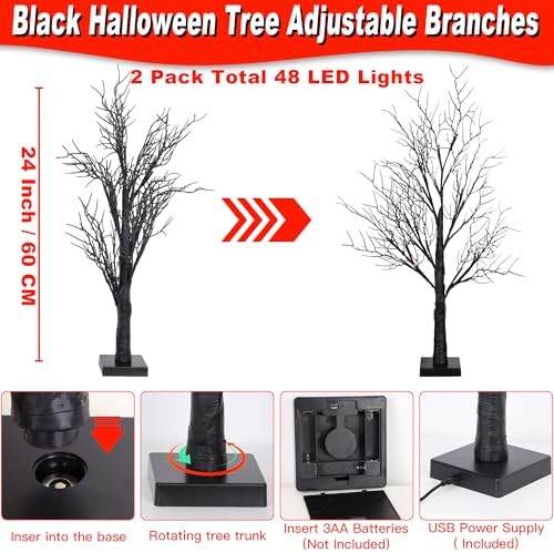 Halloween Decorations Indoor 2 Pack 24 Inch Black Halloween Tree with 48 Orange Red Led Lights, Timer/USB/Battery Operated Lighted Tabletop Spooky Tree for Halloween Table Decor Home Office Party - Image 3