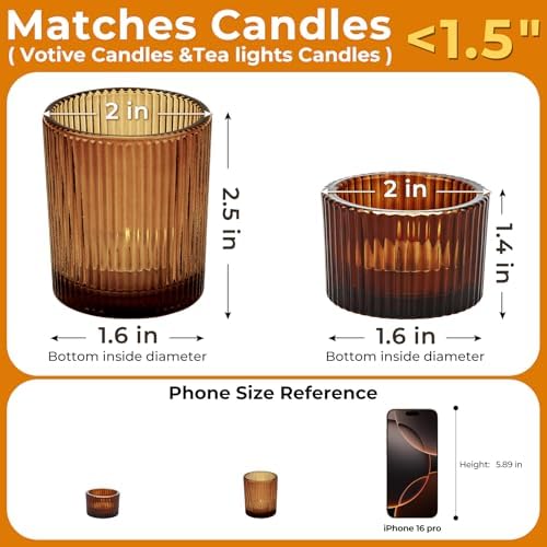 20pcs Assorted Votive Candle Holders for Tea Light Candles, Amber Glass Tea Light Candle Holders Set, Decorative Ribbed Tealight Holder for Wedding Table Decor, Dining Room, Valentine's Day, Birthday - Image 2