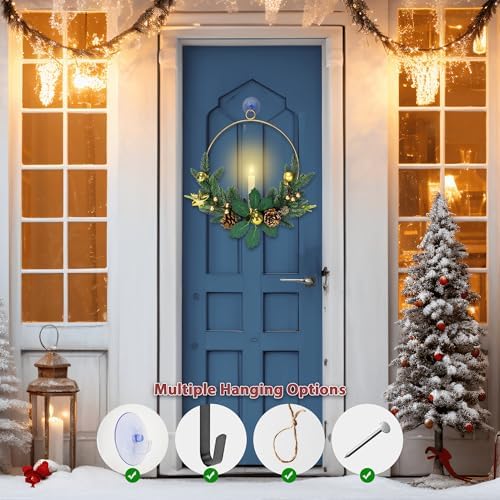 2Pack Christmas Wreaths for Front Door with LED Taper Candles, 16-inch Window Wreath Christmas with Light & Remote, Battery Operated Outdoor Winter Ornaments Christmas Decorations丨Gold丨 - Image 5