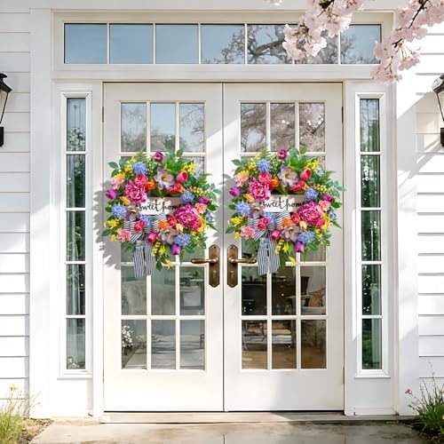 Pinkpuii Spring Wreaths for Front Door Outside– 24 Inch Spring Door Wreath with Pink Peonies, Roses,Blue Hydrangeas&Yellow Tulips,Colorful Welcome Summer Wreaths for Front Door Porch & Entryway Decor - Image 5