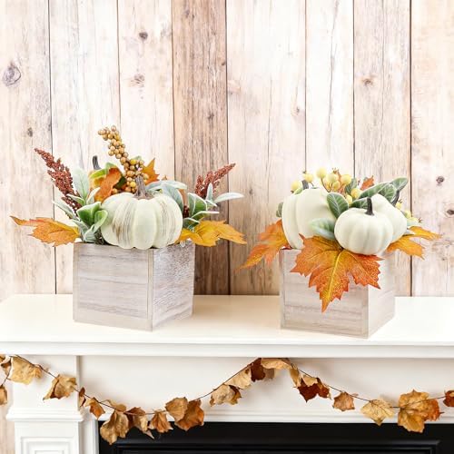 2 Pack Larger Fall Pumpkin Decoration in Wood Box Artificial Pumpkins Tables Centerpieces Faux Gourd Berries Maple Leaves for Autumn Thanksgiving Dining Harvest Mantel Home Indoor Decor - Image 7