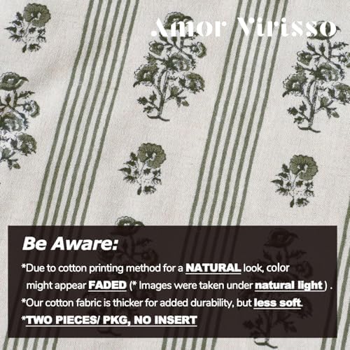Amor Virisso Floral Throw Pillow Covers 12 x 20 Set of 2 Block Print Pillow Covers Neutral Floral Striped Farmhouse Decorative Pillow Covers for Sofa Couch Bed, Dusty Green - Image 3