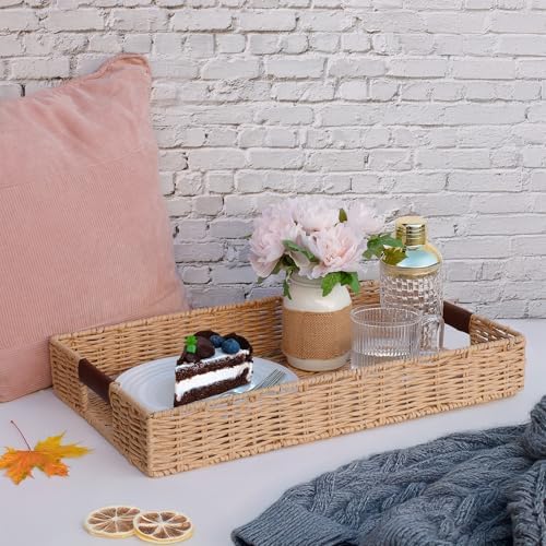Summit Living Handwoven Multipurpose Rectangle Rattan Tray, 20” x 12” – Durable Wicker Tray with Leather Handles for Home Decor Display - Image 6