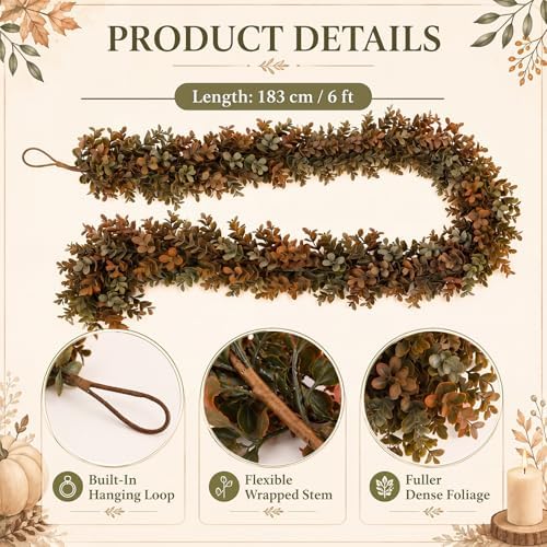 XunYee 6 ft Fall Garland Artificial Boxwood Leaves Fall Garland for Mantle - Image 2