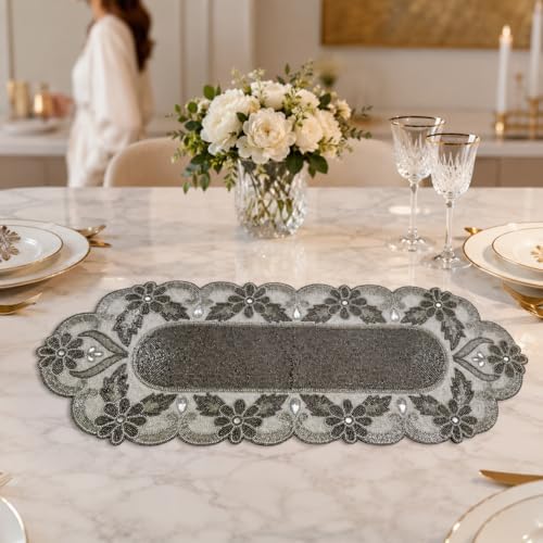 Handmade Beaded Table Runner 13 x 36 Inch, Grey Milky Floral Design, Decorative Dining Table Accent - Image 7