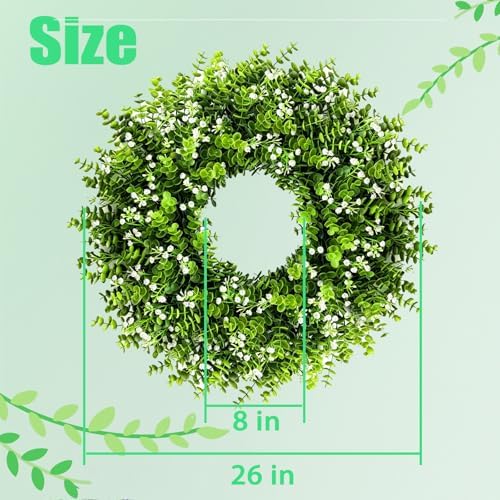 26" Eucalyptus Wreath for Front Door, Large Artificial Eucalyptus with Baby's Breath Greenery Flowers Wreath for Home, Porch, Farmhouse Wall Decor, Spring, Summer, Fall, All Seasons - Image 6