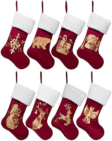 GEX Christmas Stockings 8 Pack for Family 20" Gold Sequins Red Velvet with White Soft Faux Fur Embroidery Classic Fireplace Tree Decorations for Xmas Season Decor (Set of 8) - Image 2